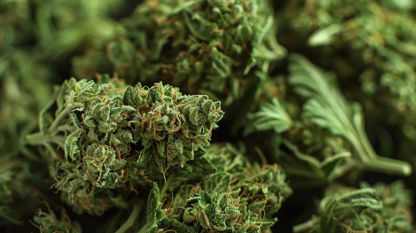 Lush THCA hemp flower buds up close, rich green with trichomes sparkling, natural daylight, premium quality feel
