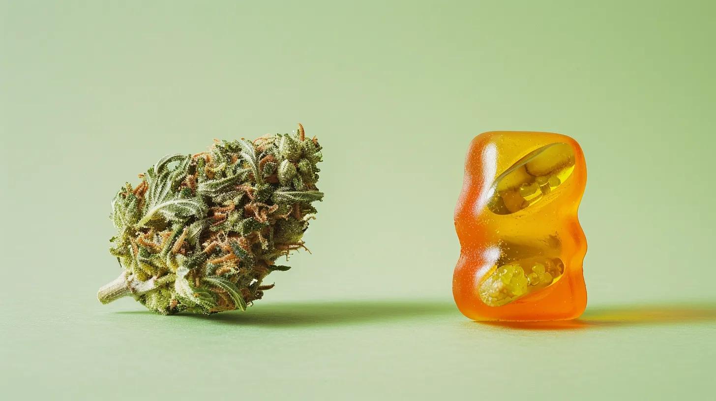 Two cannabis products side by side, a THCA flower bud and a Delta 8 gummy, clean product photography, soft green background, comparison vibe
