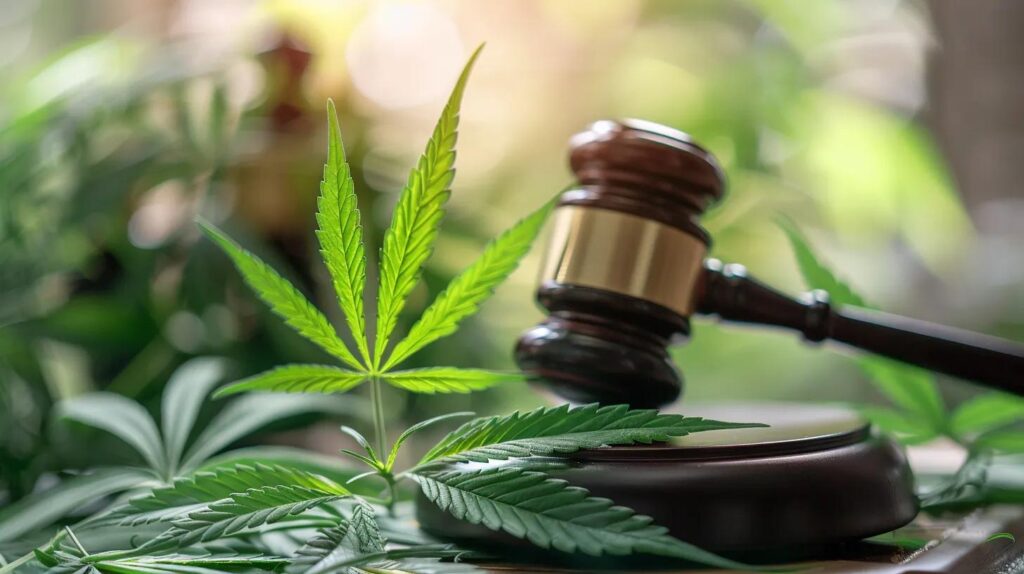 A gavel next to a hemp leaf, with a blurred federal building in the background. Caption: 'Congress passed a ban. Now no one can say who is actually going to enforce it.