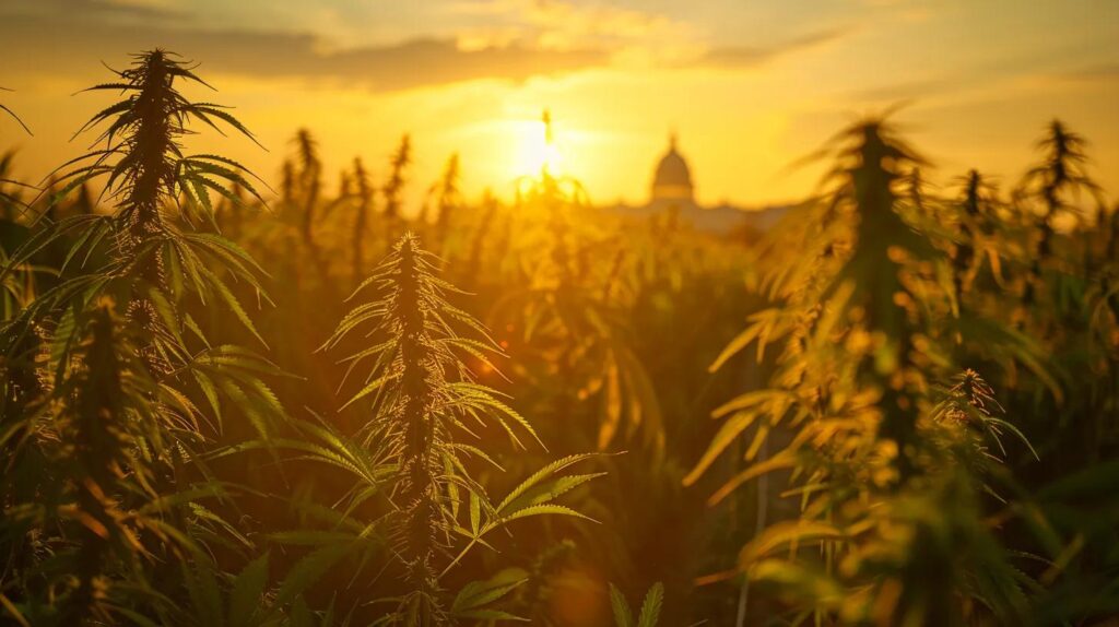 Wide shot of a hemp farm with the U.S. Capitol building visible in the distance against a golden sky. Caption: 'After a landmark federal signing, the $28 billion hemp industry is regrouping and fighting back